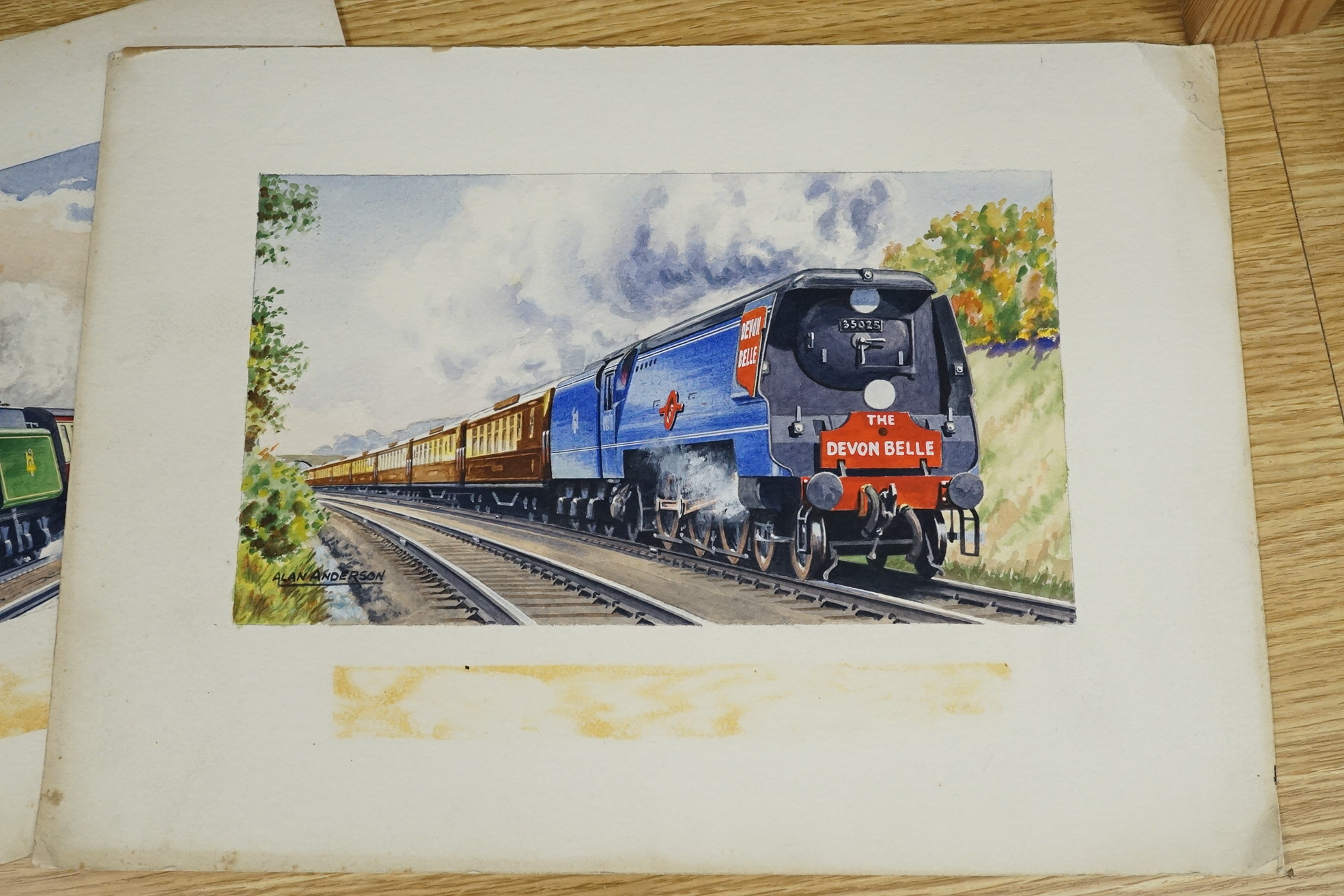 Alan Anderson, set of four original watercolours for postcard designs, vintage steam trains, to include British Rail Britannia Class No 70008 Black Prince, Coronation Class No 46259, City of Salford and Merchant Navy Cla